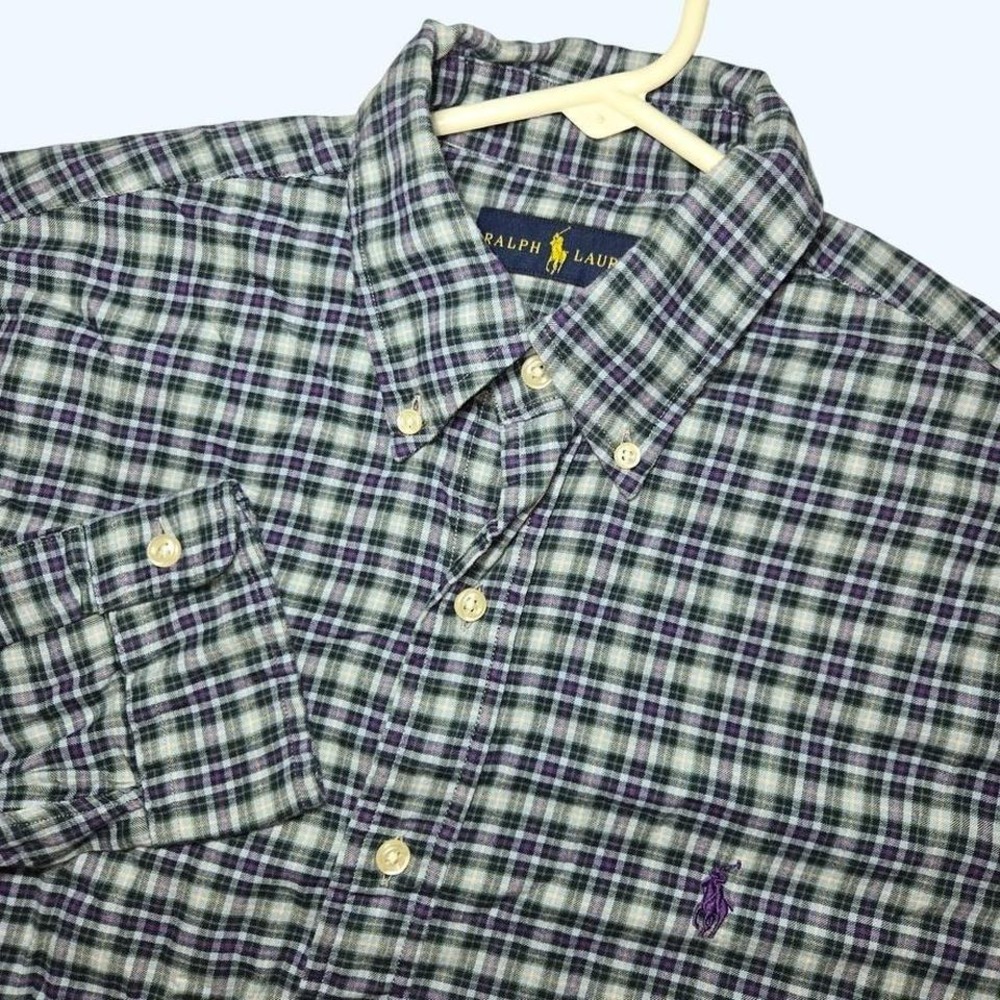 Ralph Lauren Mens Plaid Button Down Shirt Purple Green Long Sleeve Medium Preppy